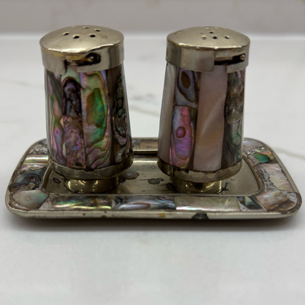 Vintage Miniature Alpaca and Abalone Shell Salt Pepper Shakers with Tray Mexico